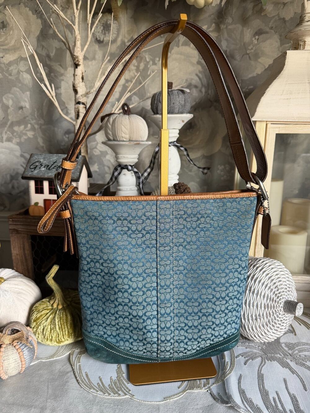 Vintage Y2K 2007 Coach Teal Signature Canvas Suede Hobo Shoulder Bag